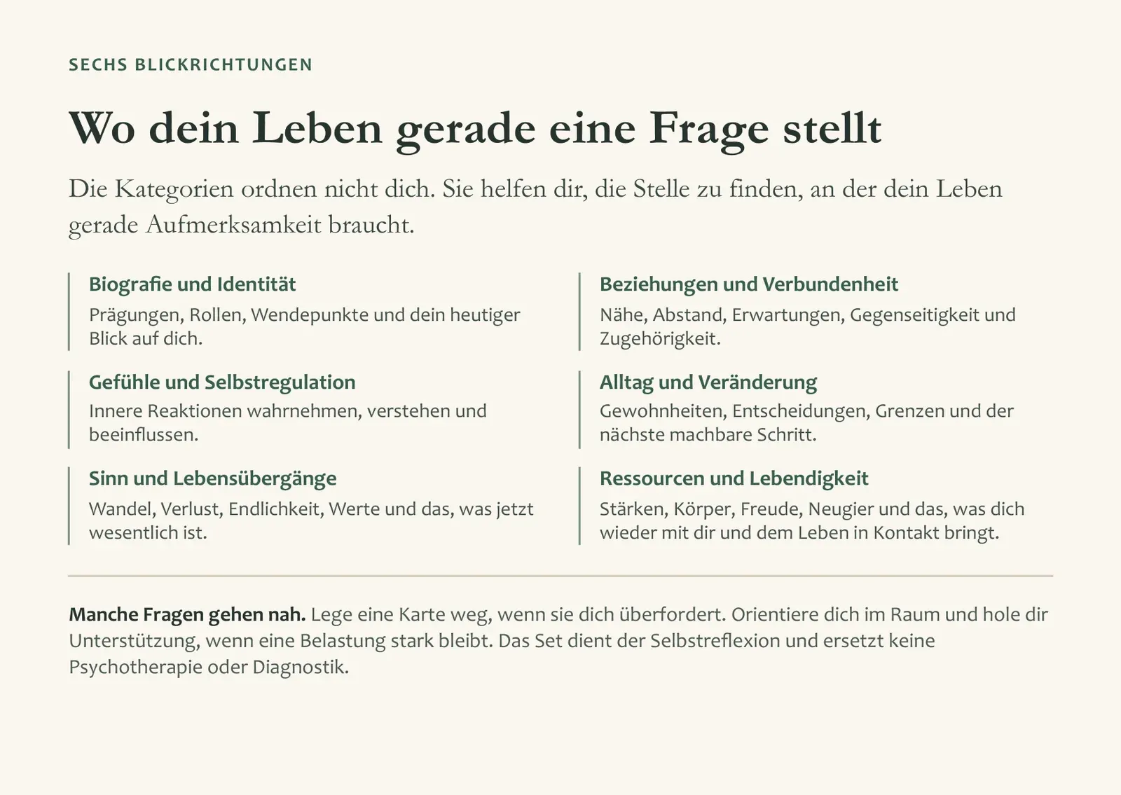 Rückseite der Einführungskarte „Wo dein Leben gerade eine Frage stellt“ mit den sechs Themenbereichen.