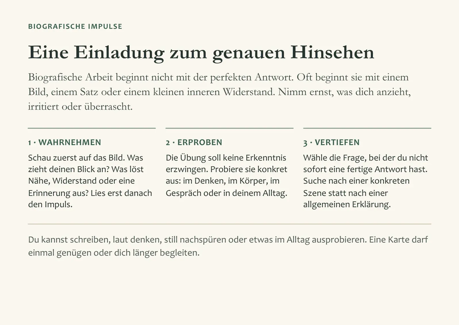 Vorderseite der Einführungskarte „Eine Einladung zum genauen Hinsehen“ mit den drei Schritten Wahrnehmen, Erproben, Vertiefen.