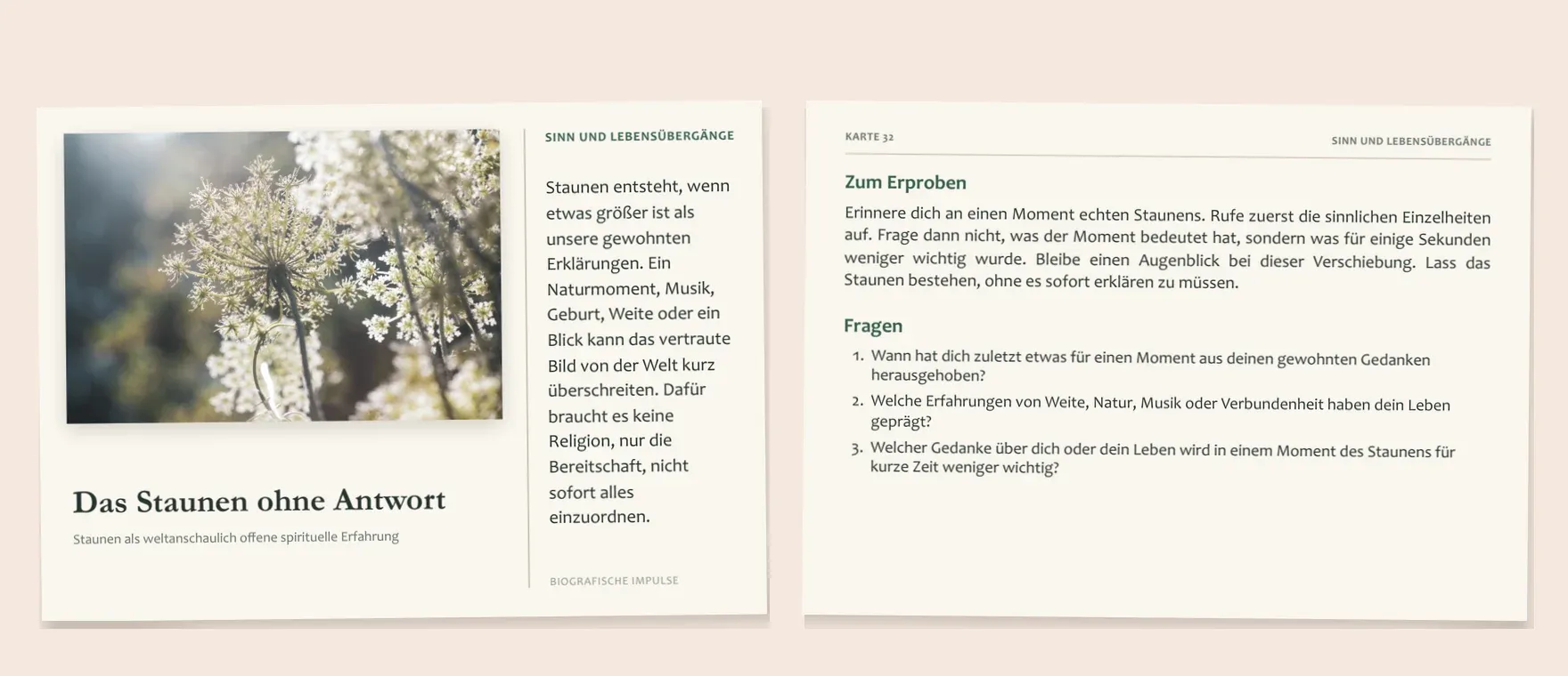 Vorder- und Rückseite der Karte Das Staunen ohne Antwort nebeneinander.