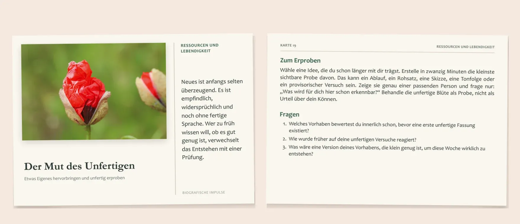 Vorder- und Rückseite der Karte Der Mut des Unfertigen nebeneinander.