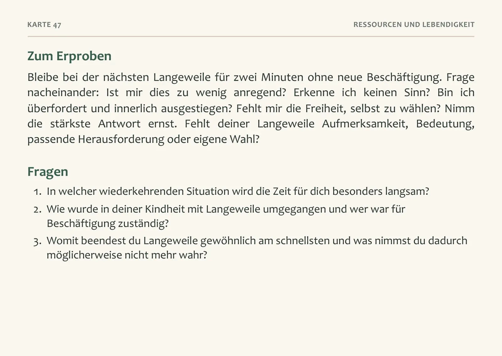 Rückseite der Karte Die lange Minute mit Übung und drei Fragen.