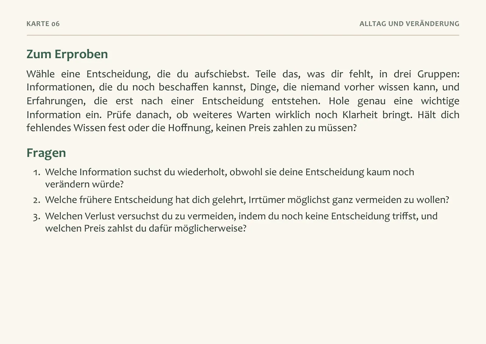 Rückseite der Karte Entscheiden im Nebel mit Übung und drei Fragen.