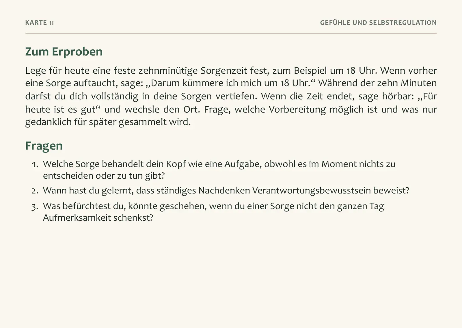 Rückseite der Karte Zehn Minuten für die Sorge mit Übung und drei Fragen.