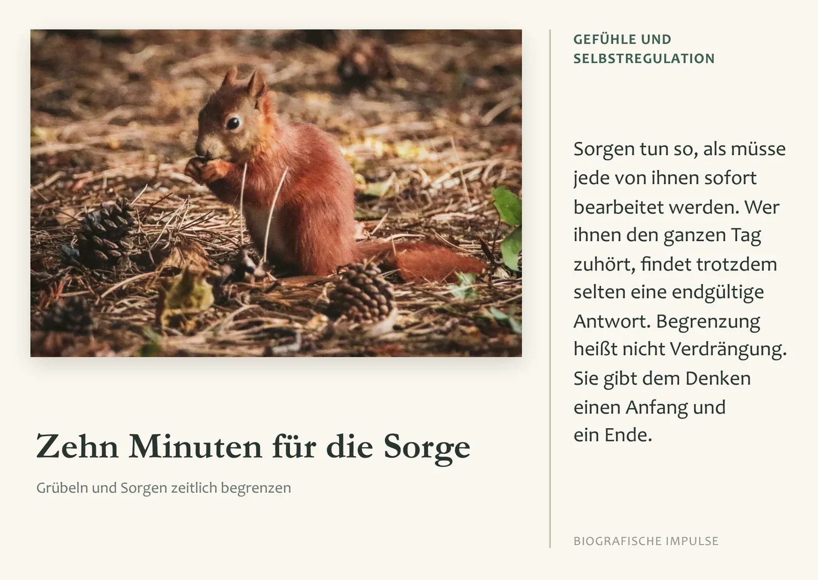 Vorderseite der Karte Zehn Minuten für die Sorge mit einem Eichhörnchen im Laub.
